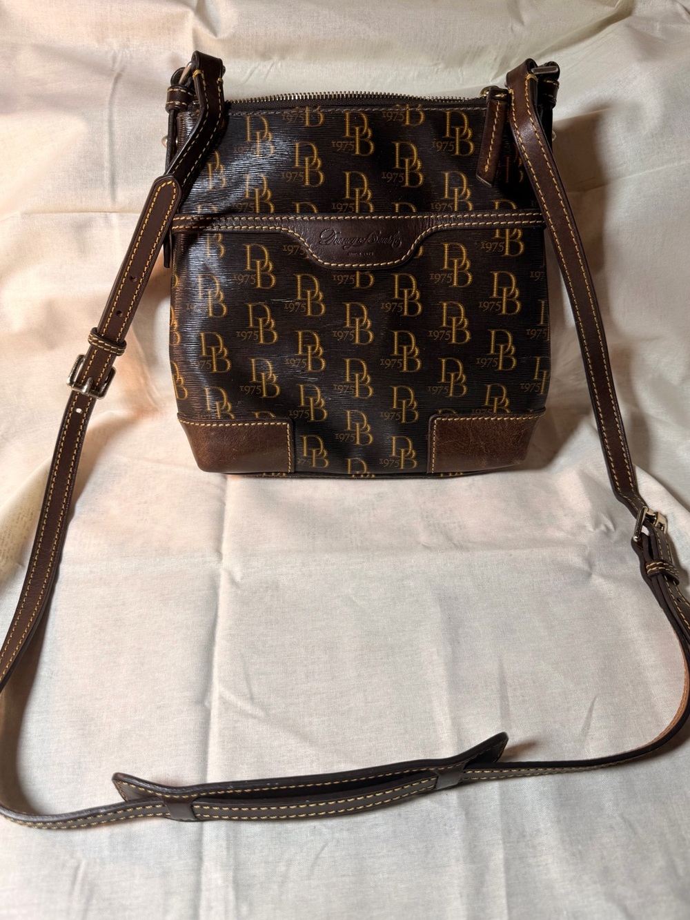 Dooney & Bourke DB 1975 Signature Crossbody Bag Brown Monogram Leather Trim